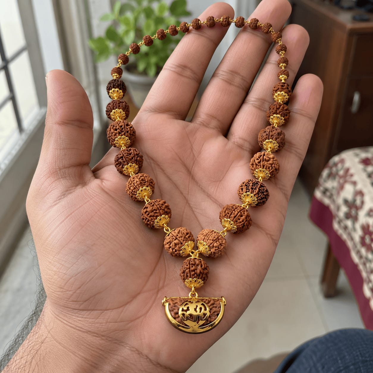 Customer photo review of 1-14 Mukhi Rudraksha Mala (Panchdhatu)