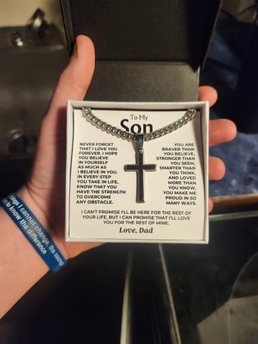 Customer photo review of Gift for Son from Dad Cross Necklace – Forever Love Inspirational Gift