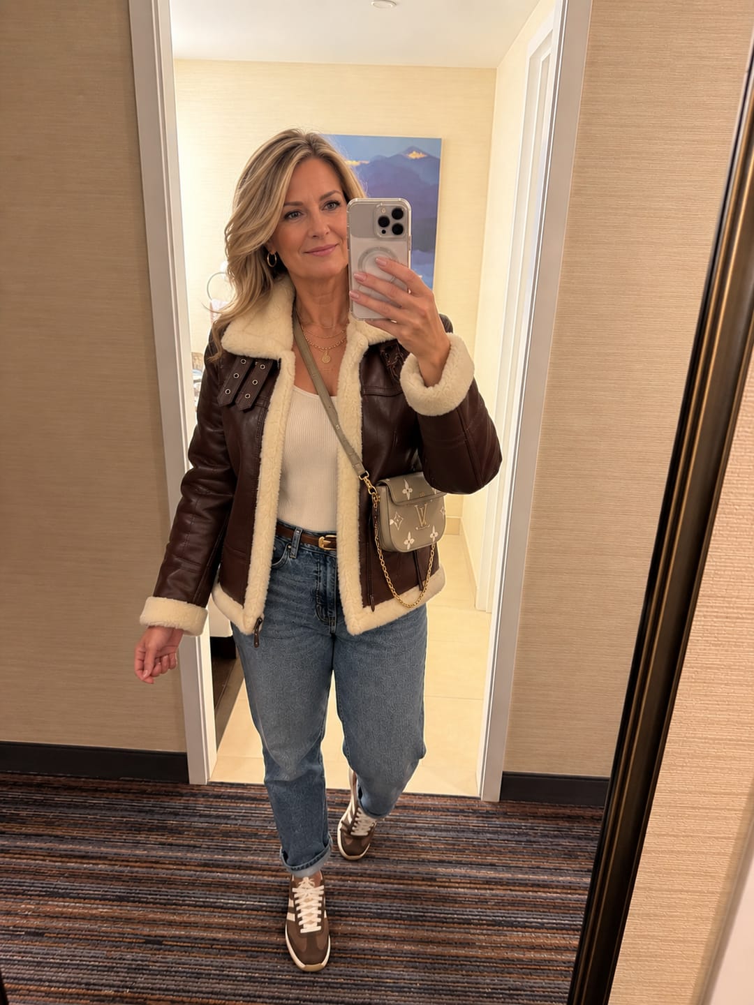 Customer photo review of Cloudy Dark Brown B-3 Bomber Shearling Leather Jacket