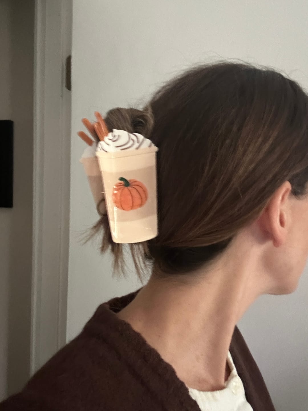 Customer photo review of Large Pumpkin Spice Latte Hair Claw Clip
