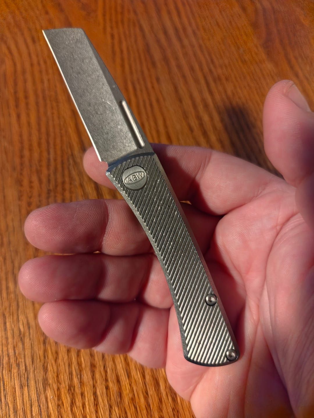 Customer photo review of ABW Slip Joint 2.25" – 45° Milled Titanium, MagnaCut Stonewash Wharncliffe – Made in USA