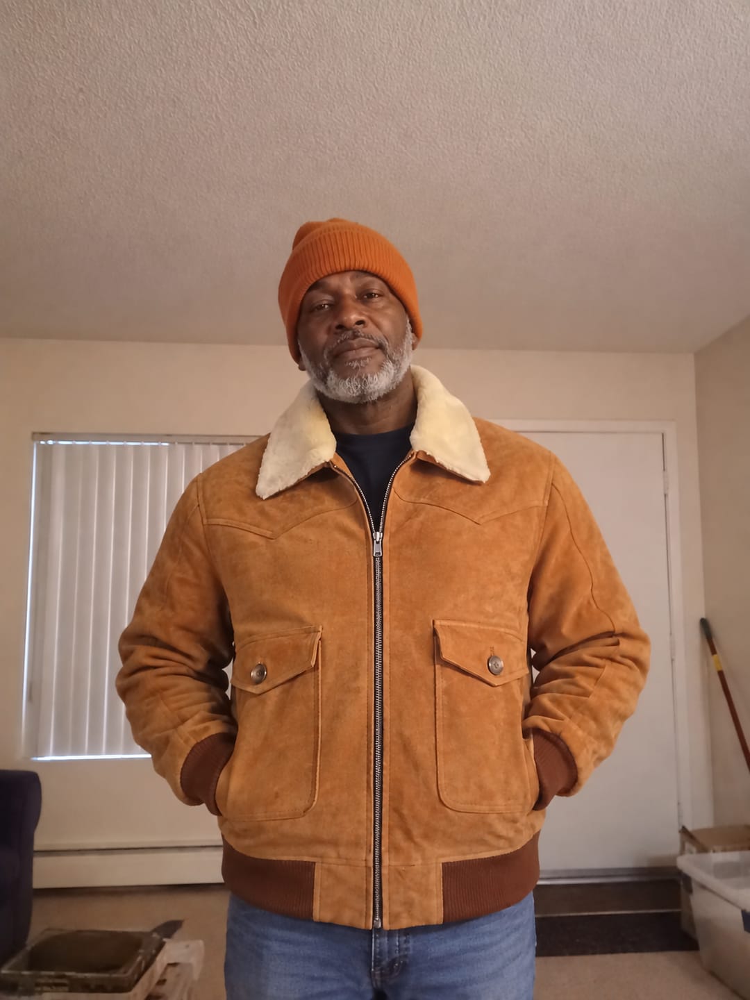 Customer photo review of Scotch Camel Brown G-1 Bomber Shearling Suede Leather Jacket For Men