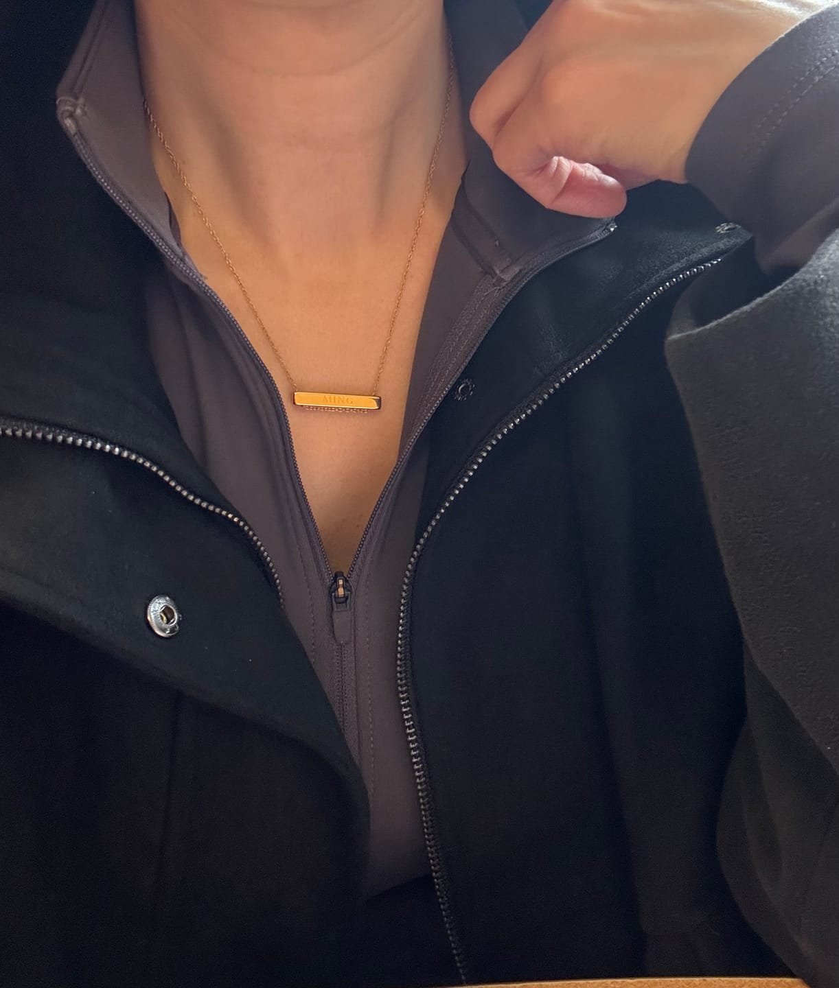 Customer photo review of 3cm Letter Bar Necklace in Gold Horizontal