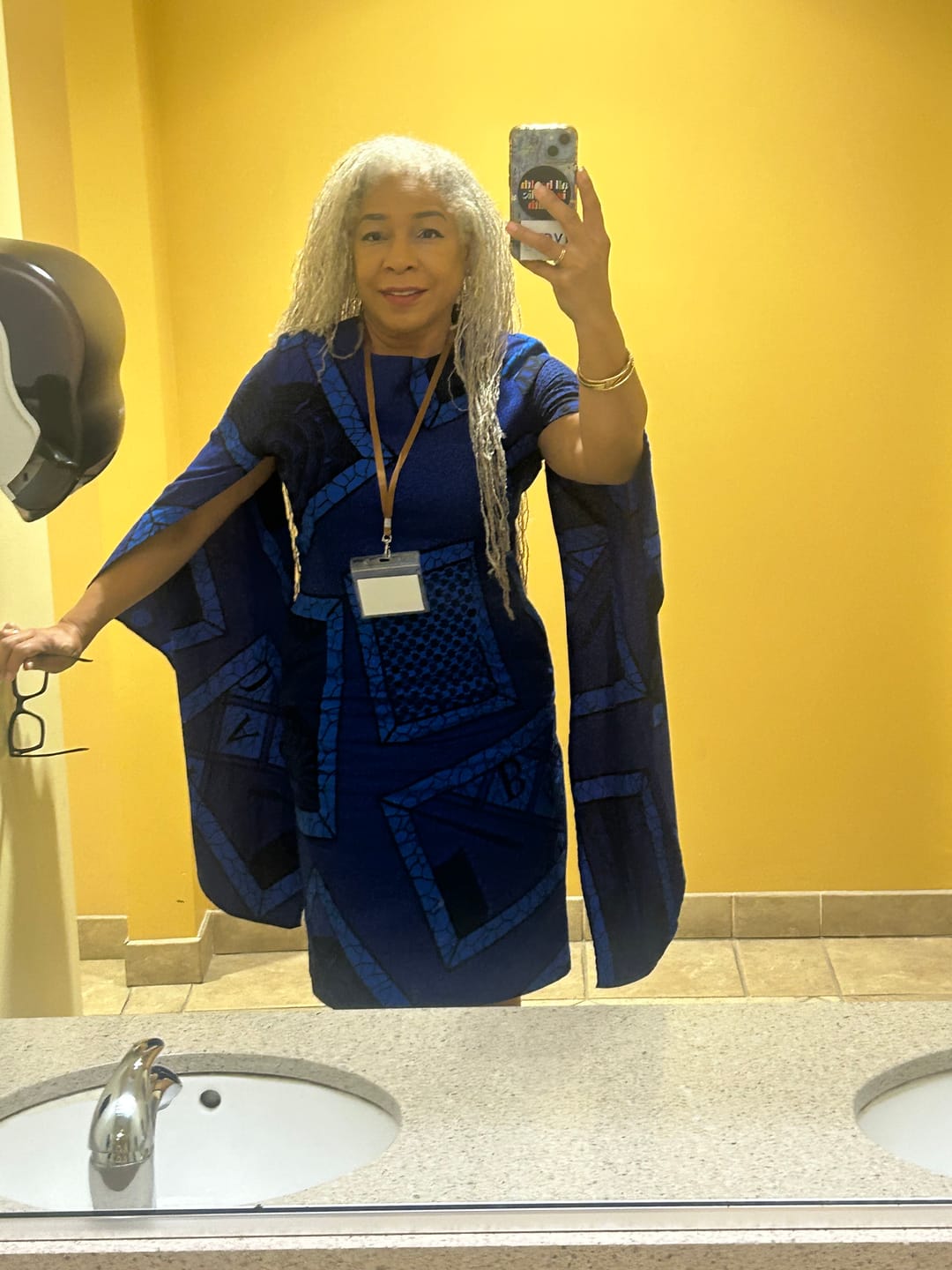Customer photo review of SADE AFRICAN PRINT CAPE SLEEVE MIDI DRESS [BLUE]