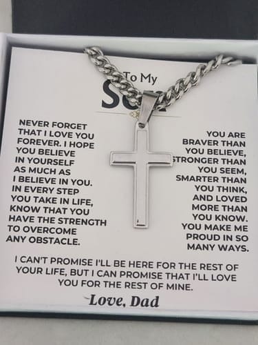 Customer photo review of Gift for Son from Dad Cross Necklace – Forever Love Inspirational Gift