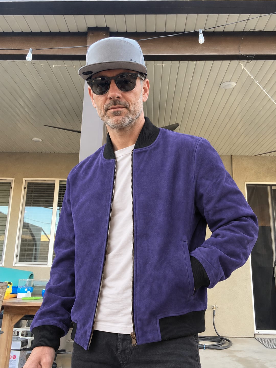 Customer photo review of Solitaire Indigo Suede Leather Bomber Jacket For Men