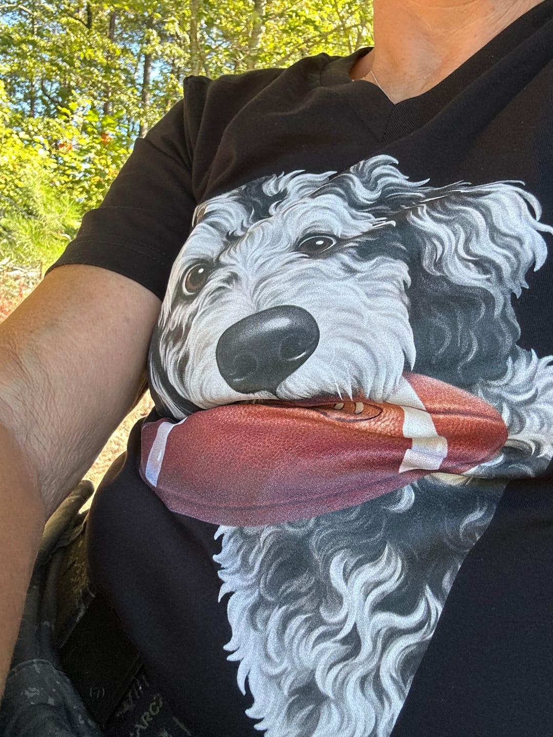 Customer photo review of Merle Goldendoodle Football V-Neck T-Shirt