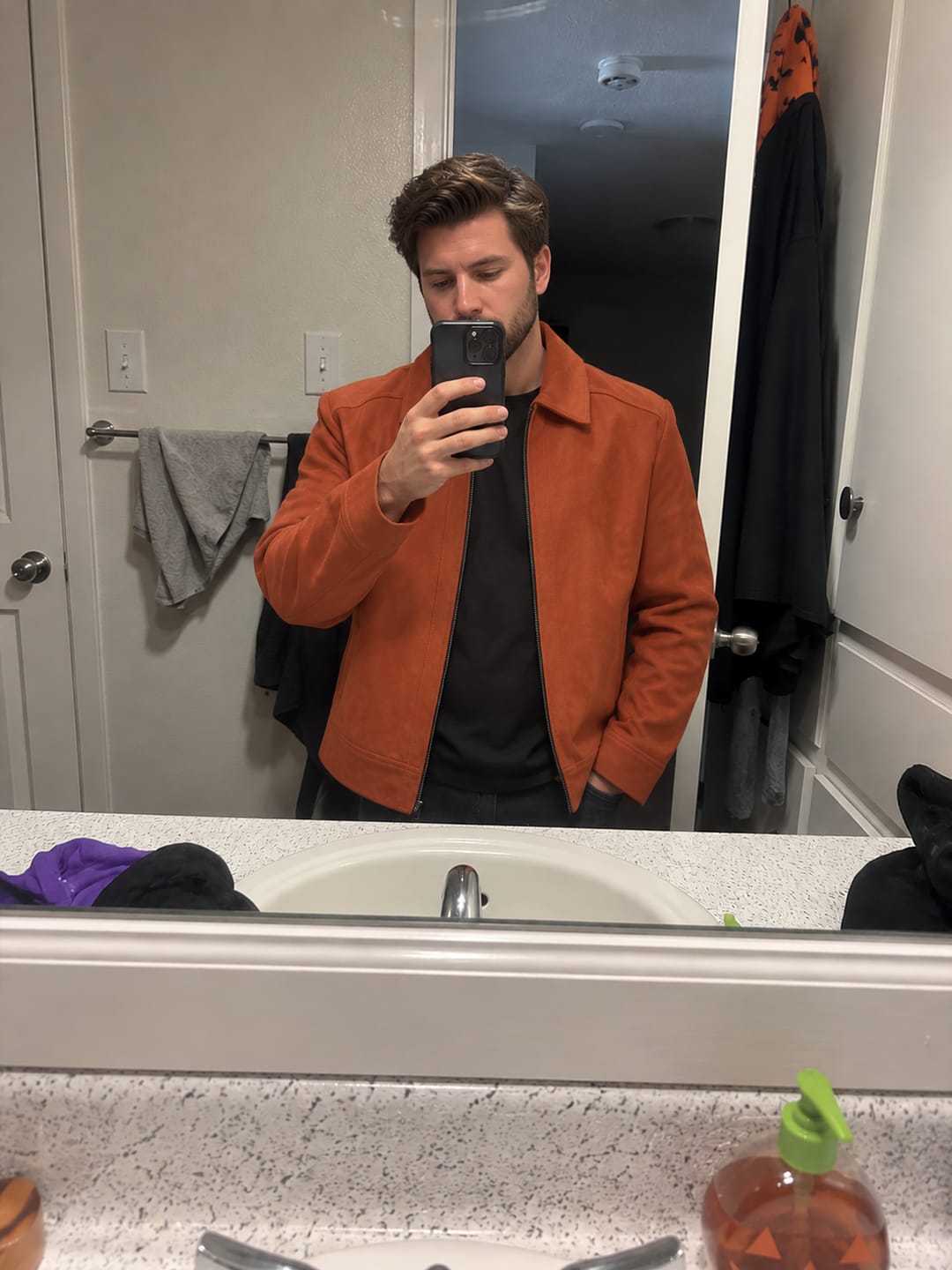 Customer photo review of Splendid Orange Suede Trucker Leather Jacket For Men