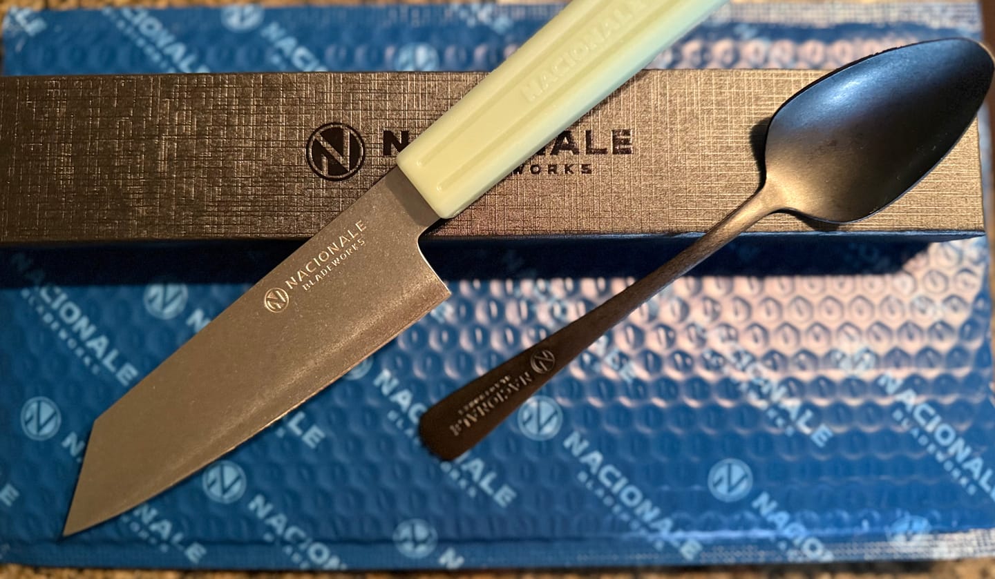 Customer photo review of 155mm Petty Knife. Stonewashed AUS8. Glow in the Dark Jade Recycled Plastic Skateboard Material Handle