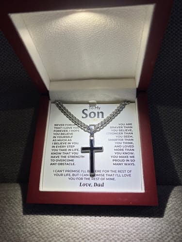 Customer photo review of Gift for Son from Mom and Dad Cross Necklace – Faith & Strength Keepsake