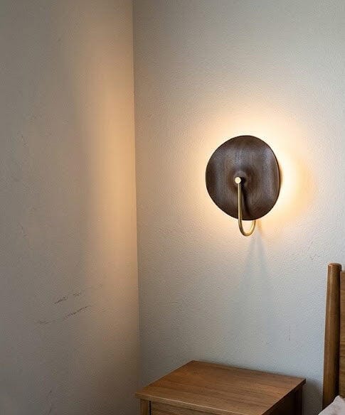 Customer photo review of Gold Wall Light, Walnut Tone Wood Disc, Wall Sconce