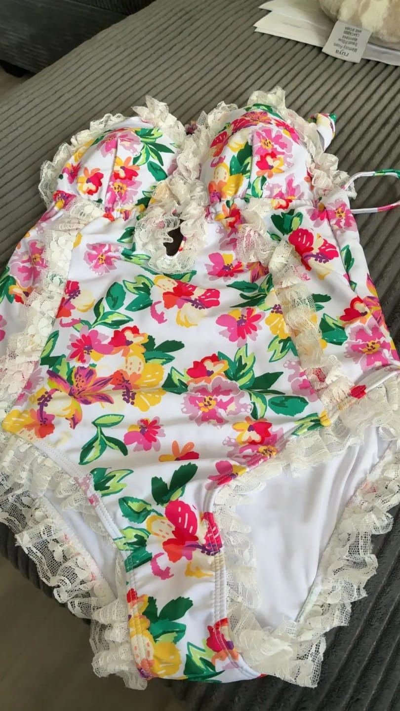 Customer photo review of Emoswim - Womens One Piece Halter V-Neck Printing Lace Adjustable Back Straps Sexy Swimsuit