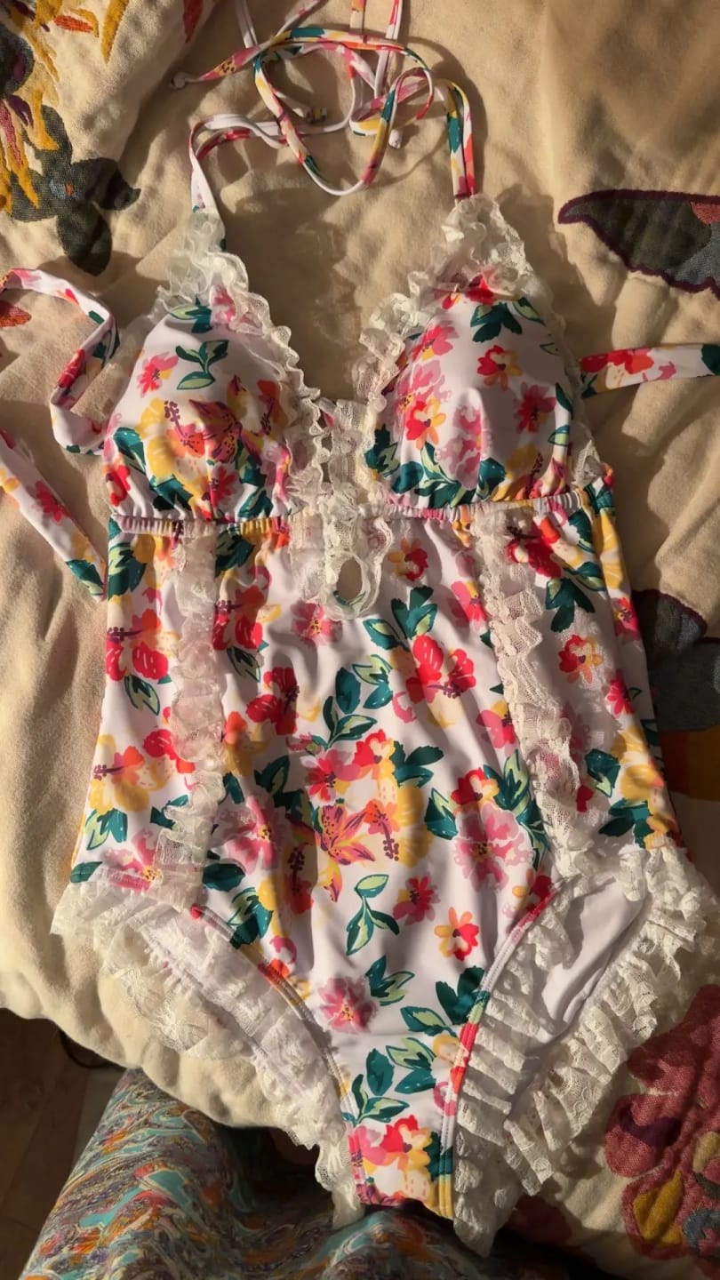 Customer photo review of Emoswim - Womens One Piece Halter V-Neck Printing Lace Adjustable Back Straps Sexy Swimsuit