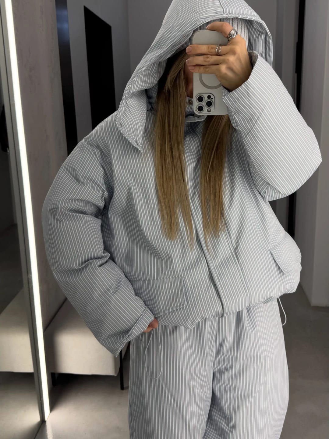 Customer photo review of Striped Padded Coat & Straight-Leg Pants Set
