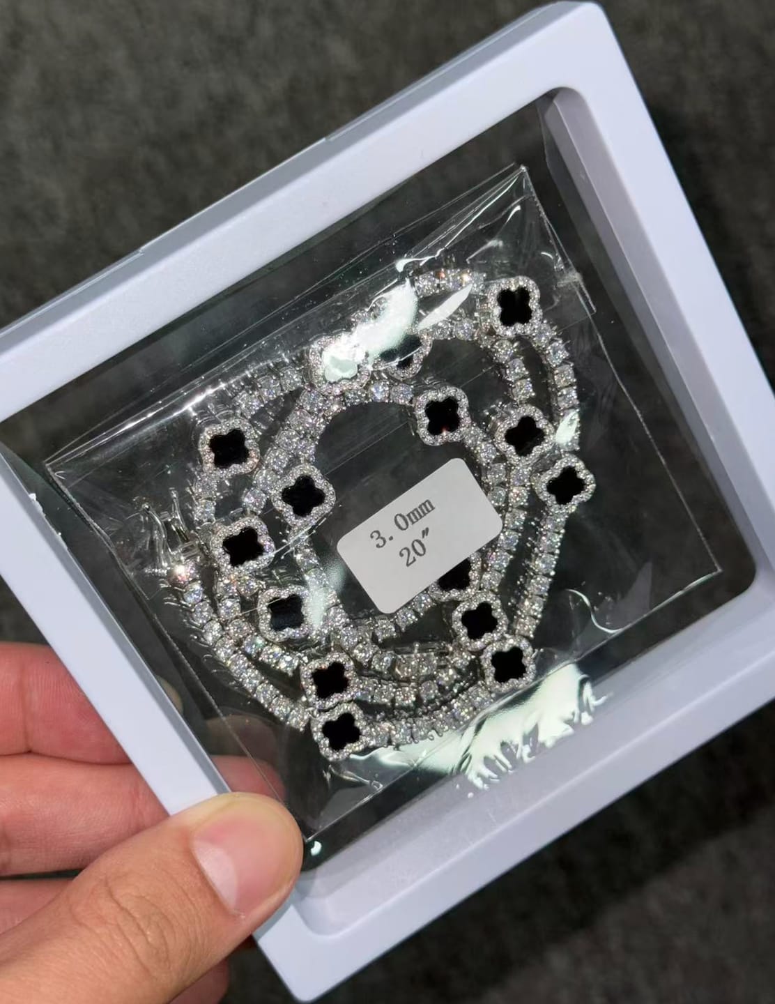 Customer photo review of GL Black Onyx Clover 925 Silver Moissanite 3mm 5mm Tennis Chain