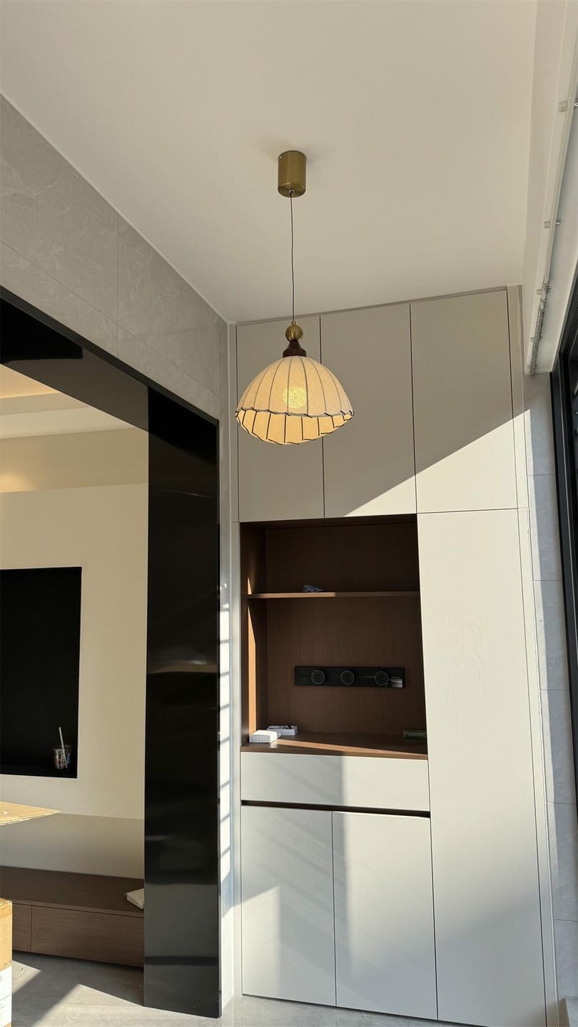 Customer photo review of Pleated Fabric Pendant Light, Walnut Cap, Beige Shade, 32 cm