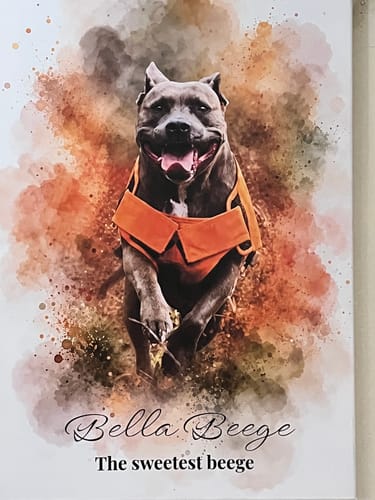 Customer's watercolor style pet portrait on canvas, featuring a smiling dog in an orange vest, named Bella Beege.