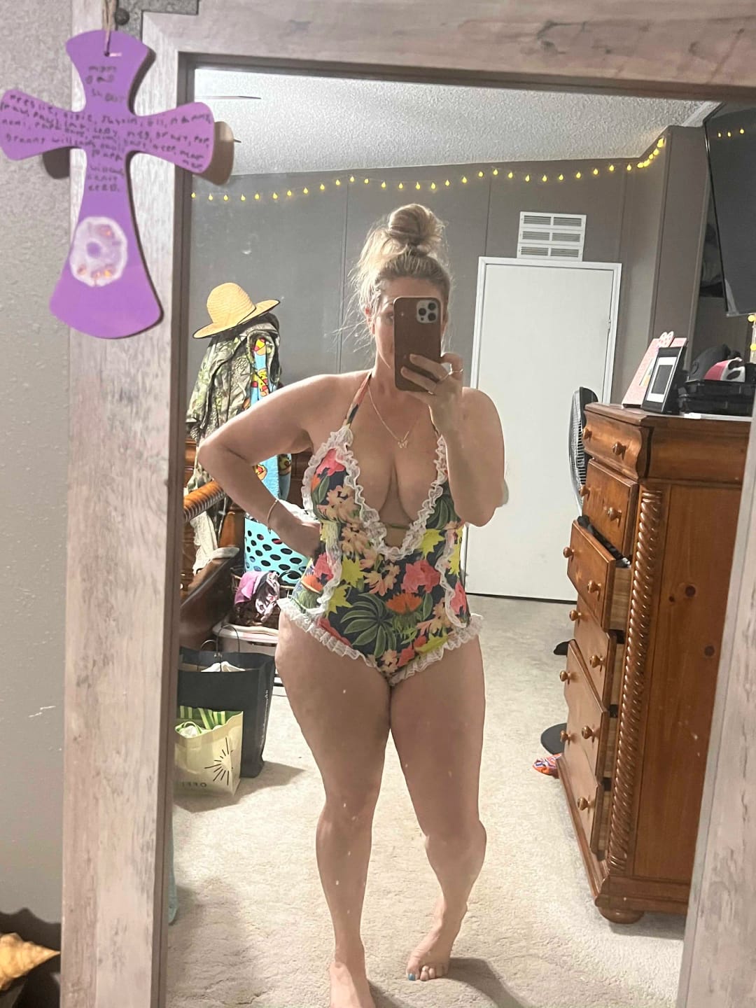 Customer photo review of Emoswim - Womens One Piece Halter V-Neck Printing Lace Adjustable Back Straps Sexy Swimsuit