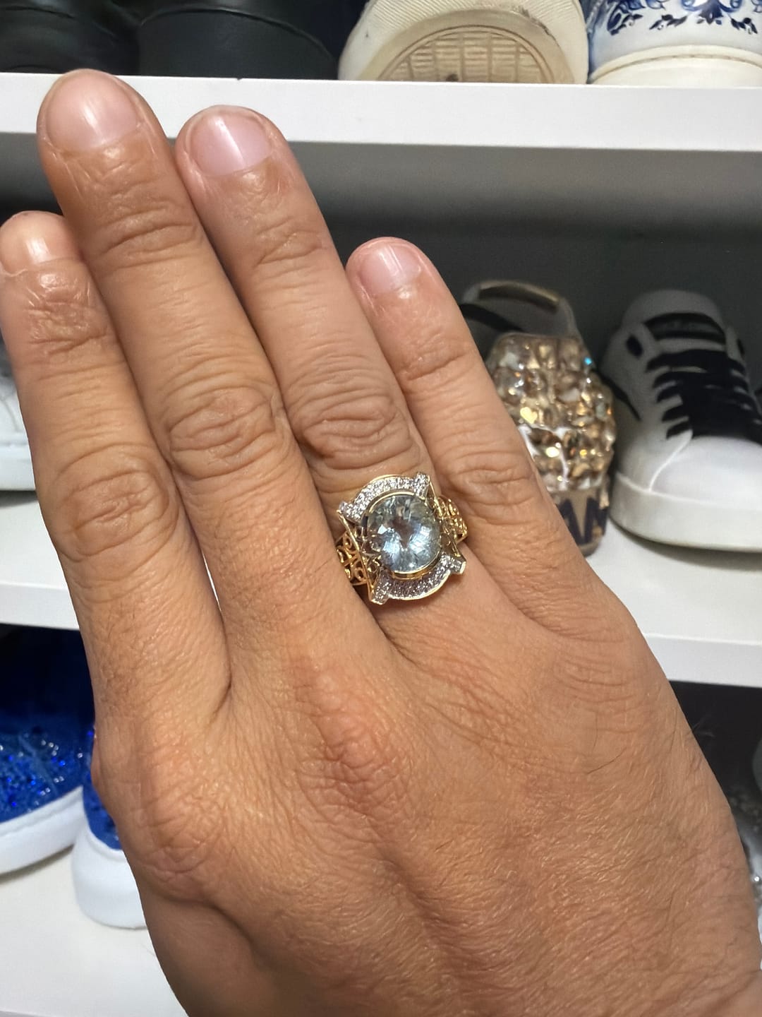 Customer photo review of Vintage 14k Yellow Gold 2.54ct Blue Sapphire 2.4cttw Diamond Halo Ring 5.50