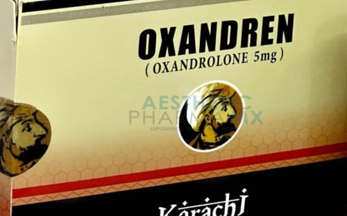 Customer's Oxandren medication box, showing the branding and a portrait illustration on a beige background.