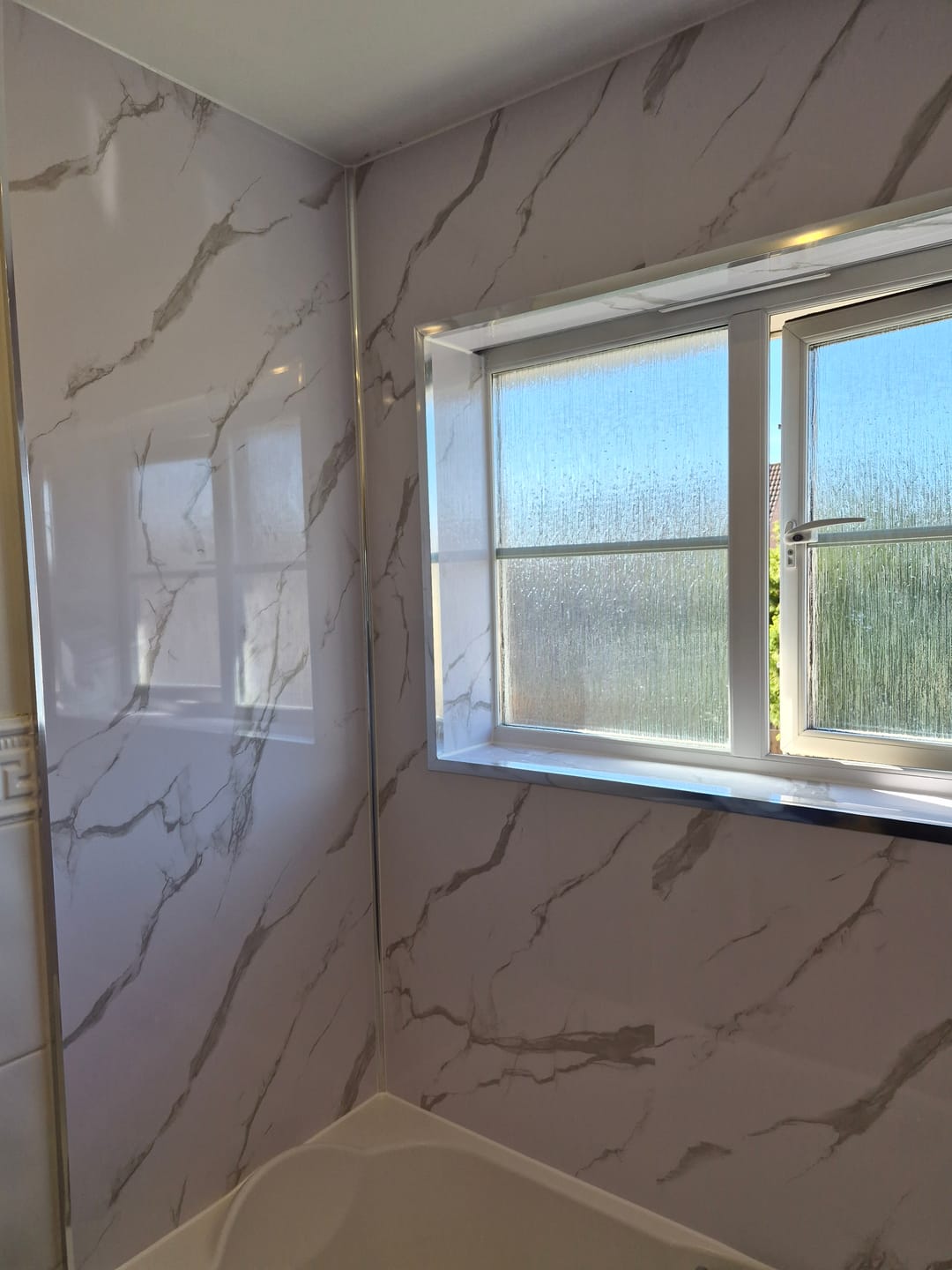 Customer photo review of Premium Carrara White Marble Gloss Shower Wall Panel - 1M x 2.4M
