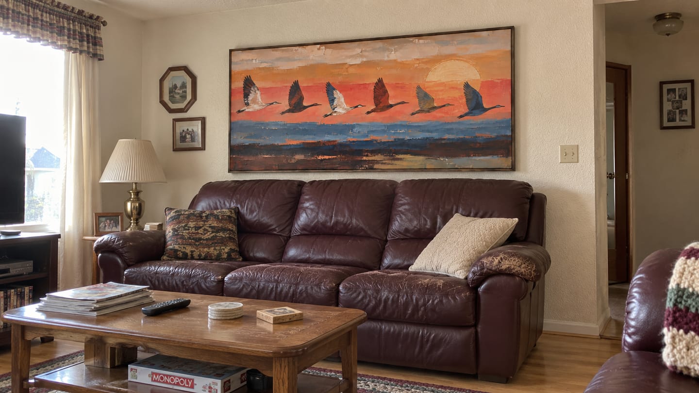 Customer photo review of Last Light Migration — Sunset Bird Oil Painting