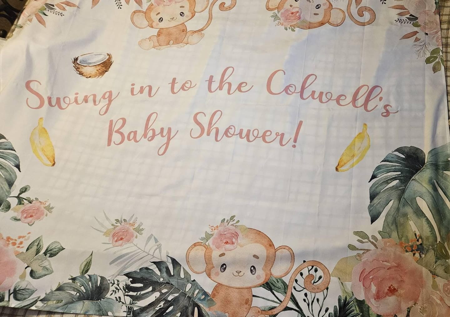 Customer photo review of Pink Floral Monkey Jungle Baby Shower Backdrop Going Bananas Girl Baby Shower Banner Safari Animals Decoration Little Monkey Zoo Decoration