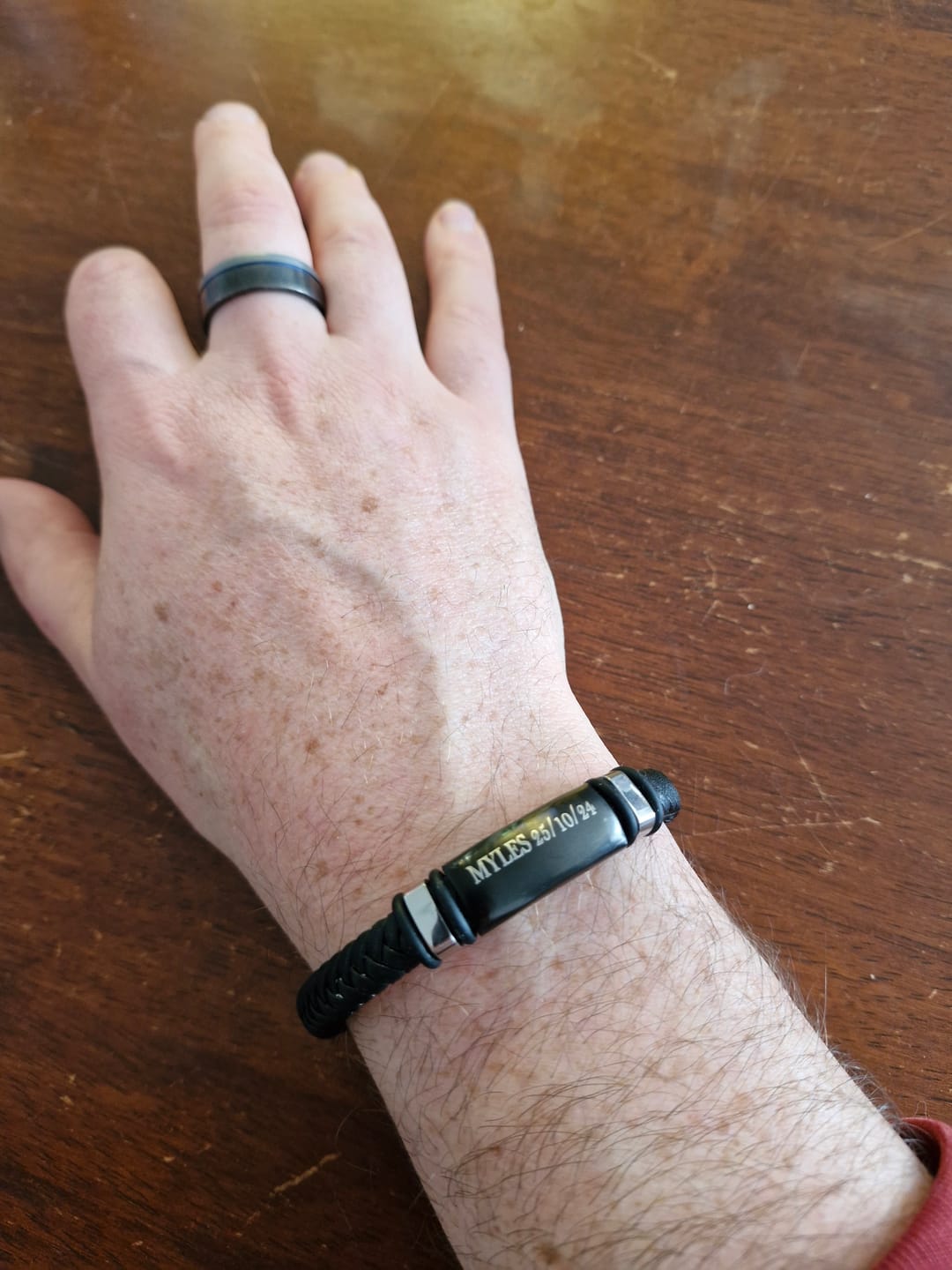 Customer photo review of Personalised Leather Bracelet with Stainless Steel Bar