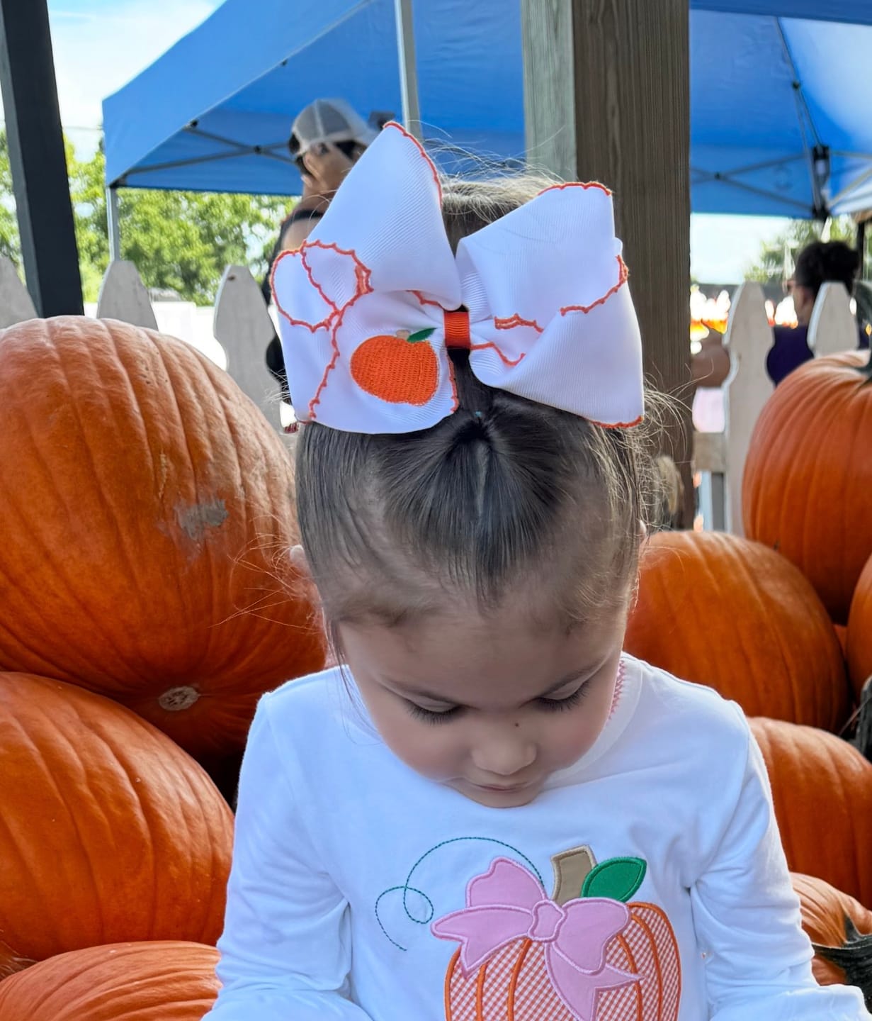 Customer photo review of Pumpkin Embroidered Moonstitch Hair Bow