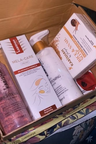 Customer's Complete Fairness Radiance Bundle in a cardboard box, featuring Mela Care cream, lotion, and soap.