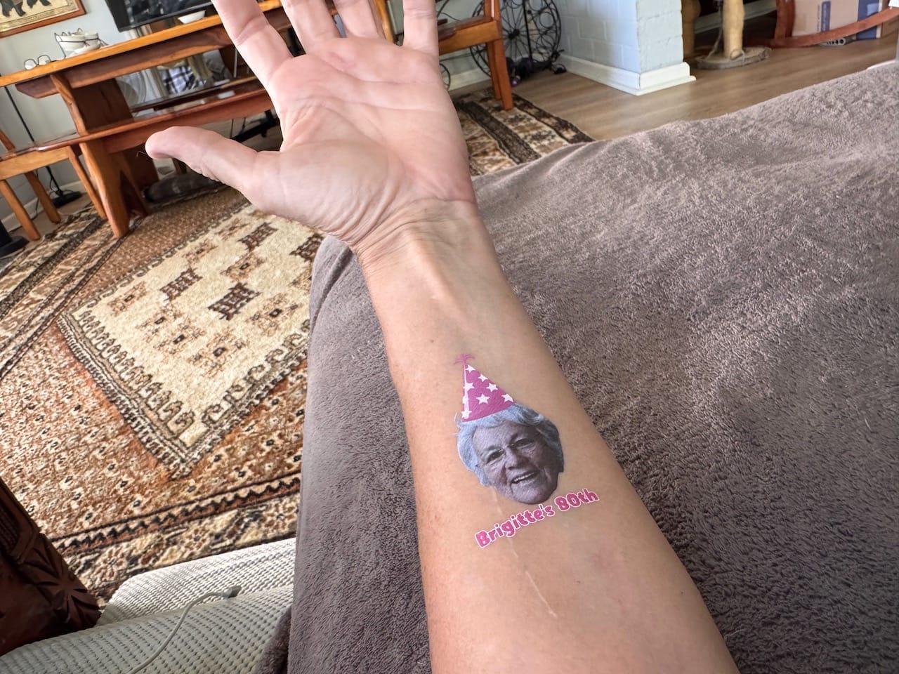 Customer photo review of Cat Birthday Hat Custom Temporary Tattoo