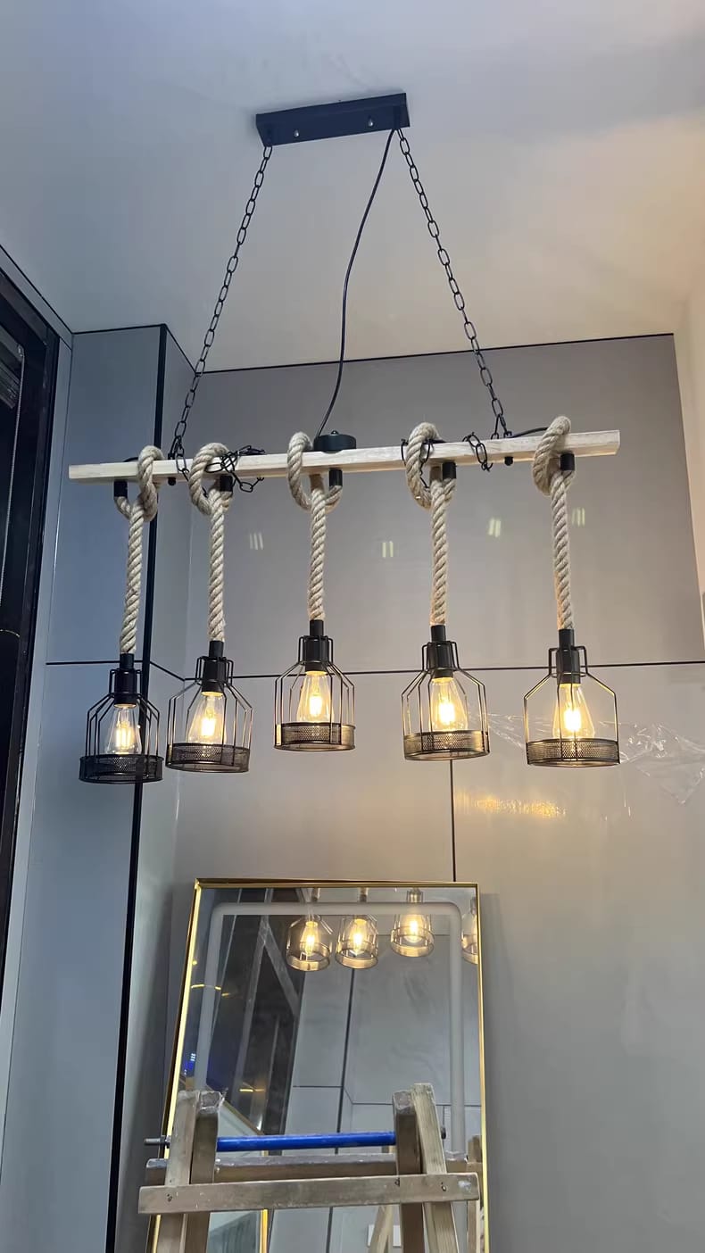Customer photo review of Black Pendant Light, Hemp Rope Wood Beam, Iron Mesh Cages