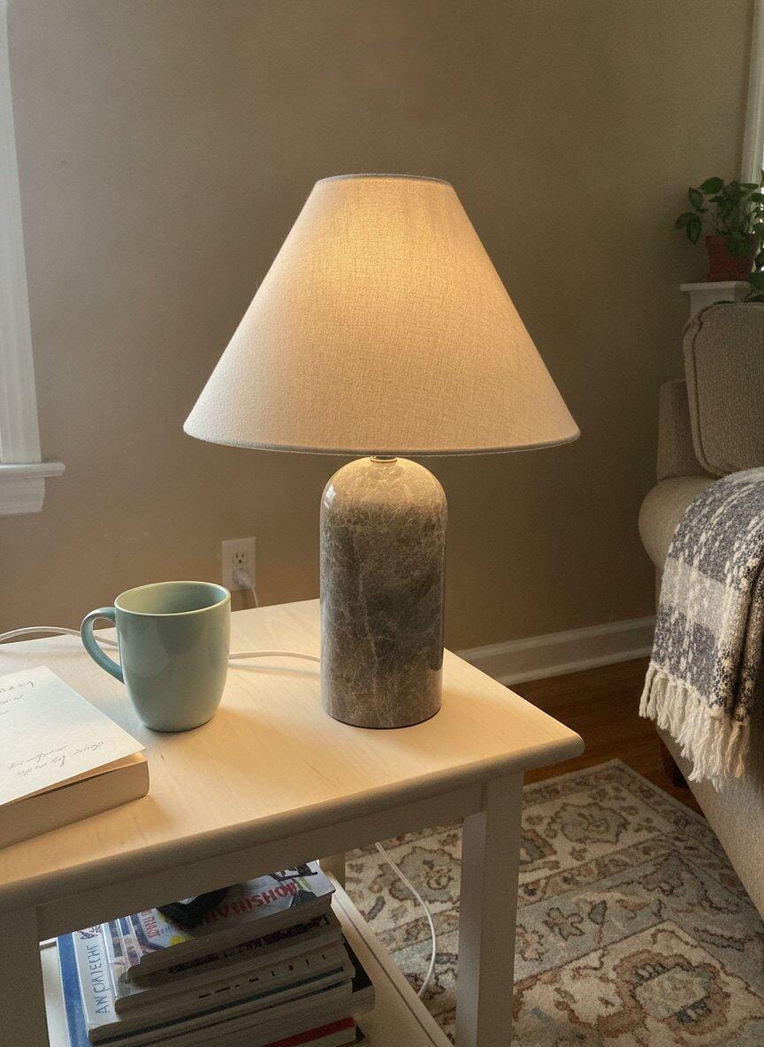 Customer photo review of Marble Table Lamp, Linen Cone Shade, Plug In, 39 cm Tall