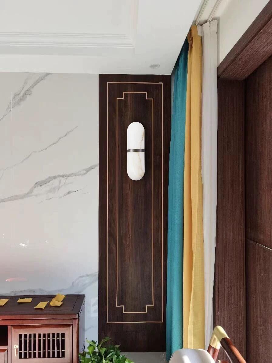 Customer photo review of Pill-Shaped Wall Sconce for Hallway, Alabaster, Brass