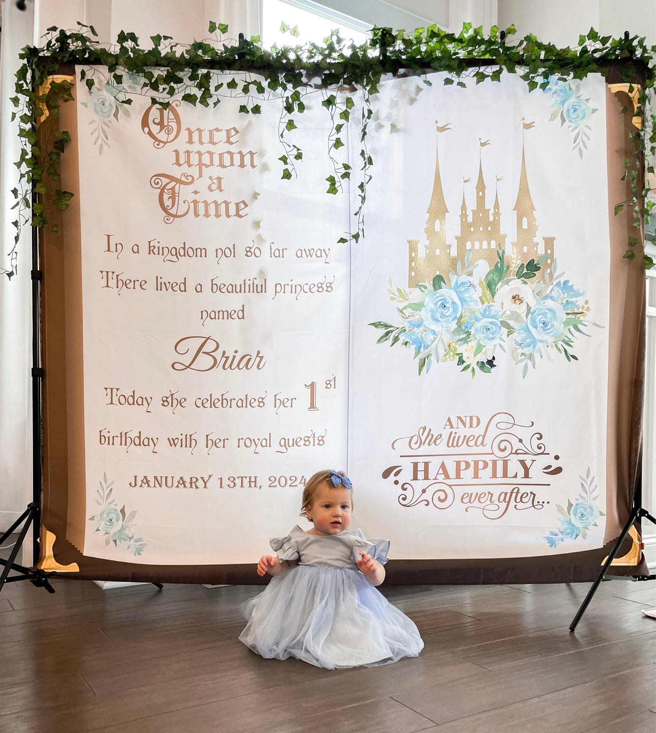 Customer photo review of First Birthday Backdrop Boy 1st Birthday Party Decoration Prince Castle Banner Floral Photobooth Custom Once Upon A Time Backdrop High Chair