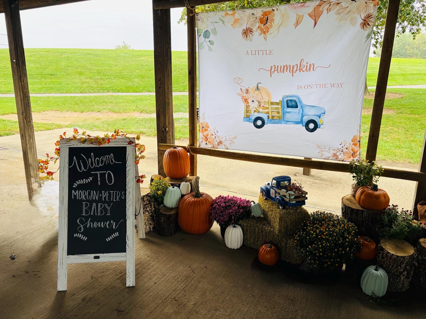 Customer photo review of Little Pumpkin Baby Shower Backdrop Autumn Blue Truck Fall Theme Banner Fall Pumpkin Baby Shower Decor Boy Baby Sprinkle Custom Backdrop