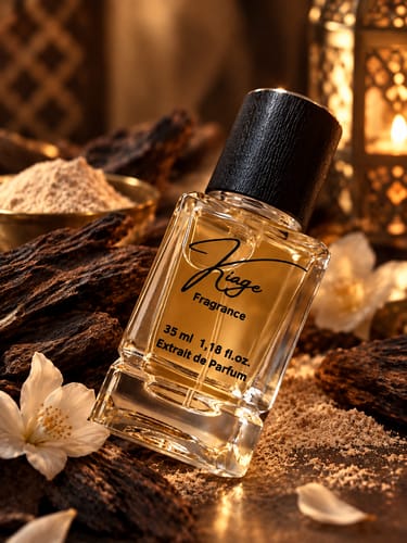 Kundenfoto des Kiage 225 Parfums, umgeben von Holzstücken, Blüten und einer leuchtenden Laterne.