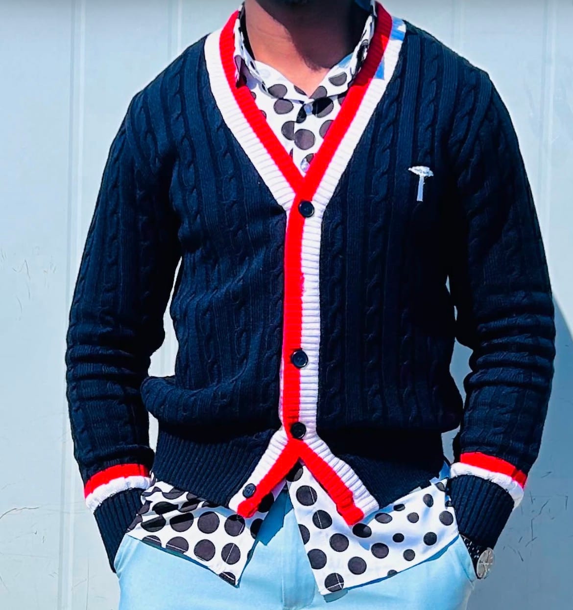 Customer photo review of Garment 03: Cream, Red and Blue Tennis Cardigan