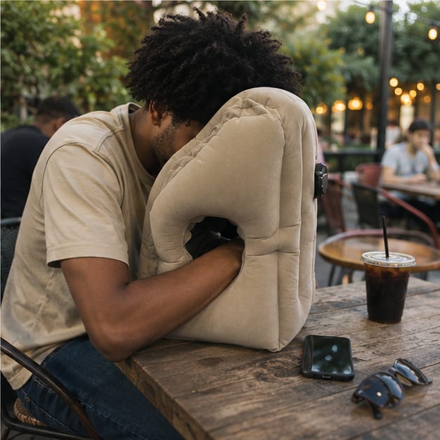 Customer photo review of HushBound Travel Pillow – Real Sleep Sitting Up, Inflates in Seconds