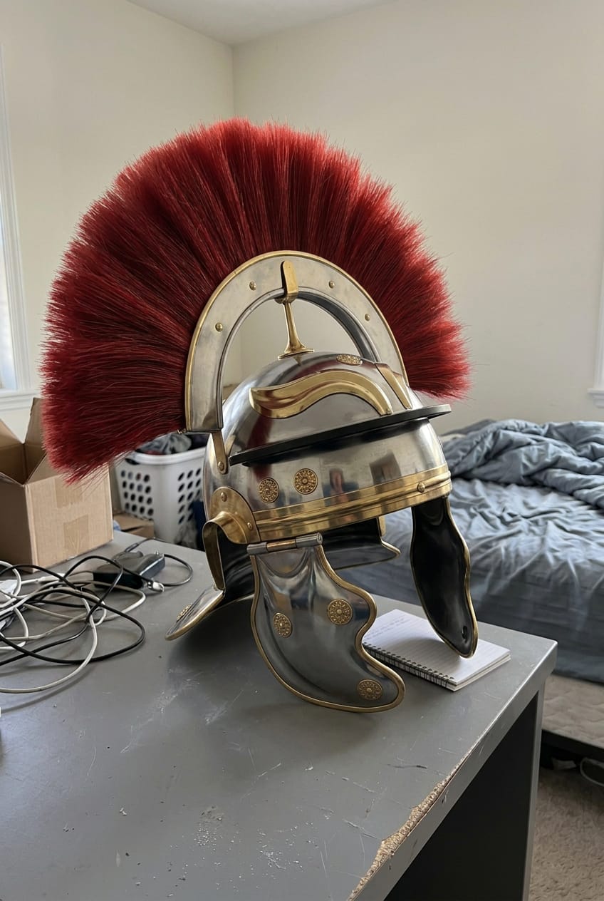 Customer photo review of Roman Centurion Helmet Replica Handcrafted –18 Gauge Steel Helmet with Red Plume with Free Wooden Stand