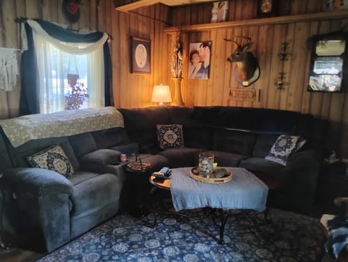 Customer's Expert Review portrait hanging on a wood-paneled wall above a living room sofa.