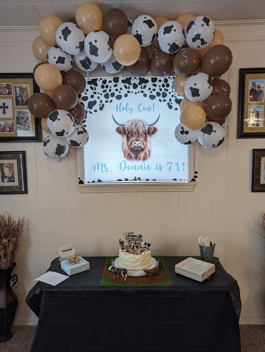 Customer photo review of Highland Cow Boy Birthday Backdrop One Year Old Party Banner First Birthday Background Highchair Cowboy Birthday Decoration Farm Animals