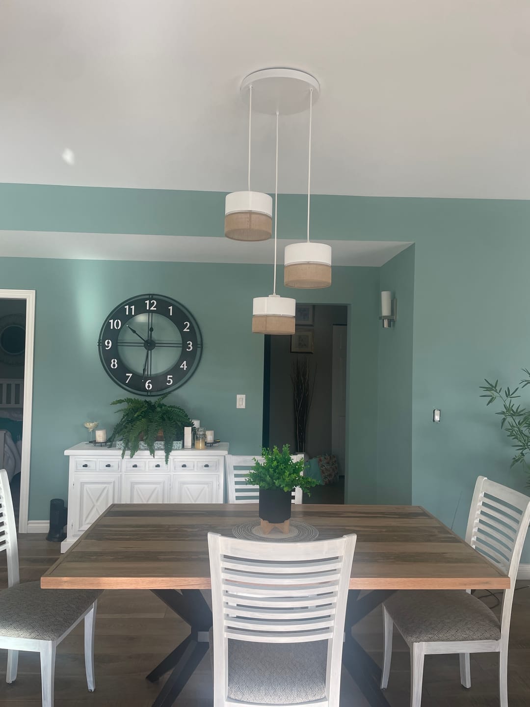 Customer photo review of LINOBIANCO 3-Light Cluster Pendant with Linen & Jute Shades for Dining, Kitchen & Living  Room