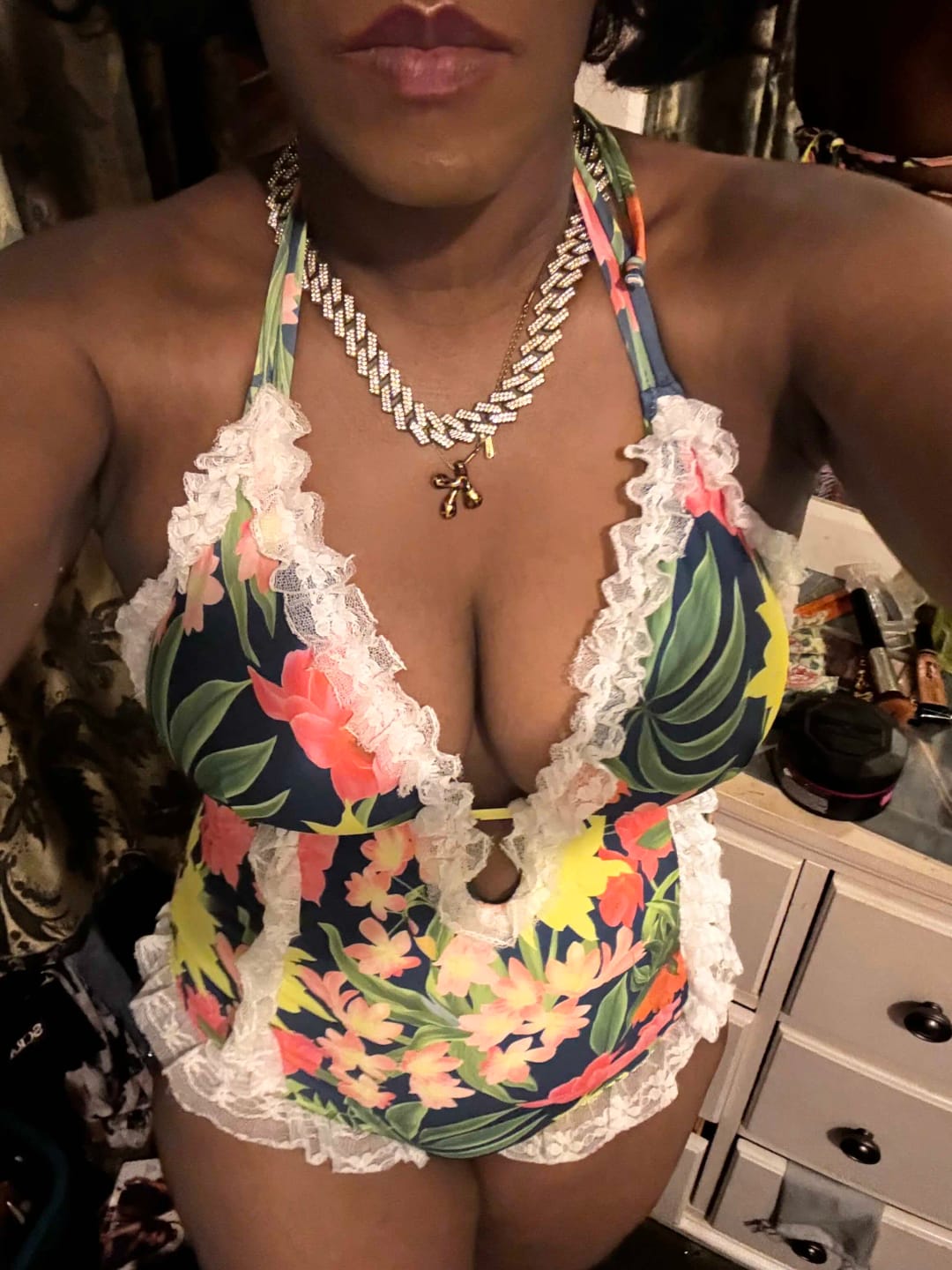 Customer photo review of Emoswim - Womens One Piece Halter V-Neck Printing Lace Adjustable Back Straps Sexy Swimsuit