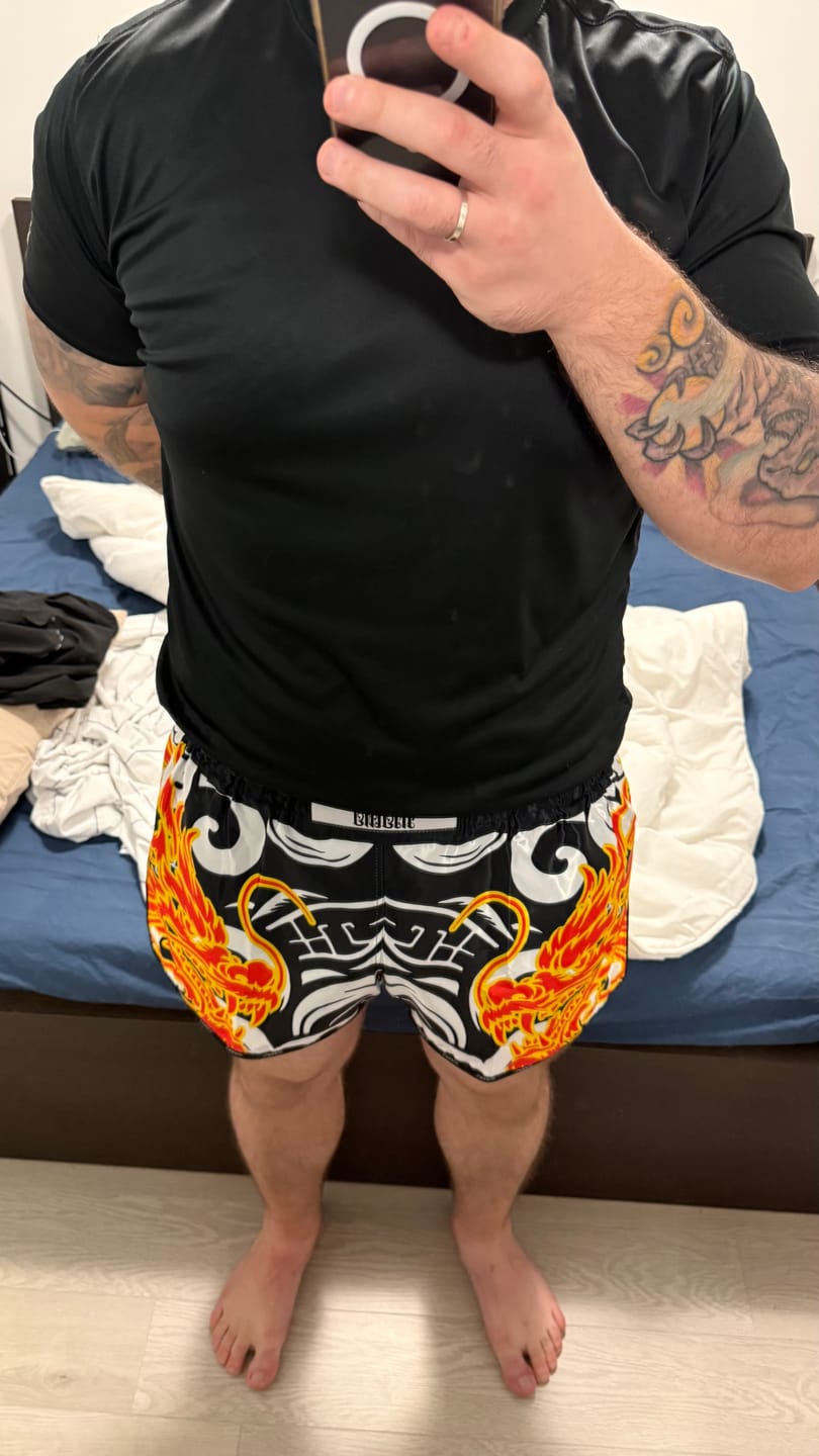 Customer photo review of YOKKAO DRAGON MUAY THAI TRAINING SHORTS - BLACK/WHITE