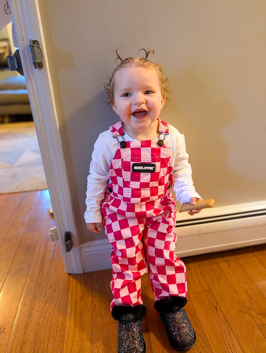 Customer photo review of Overalls in Bubble Gum Checkered