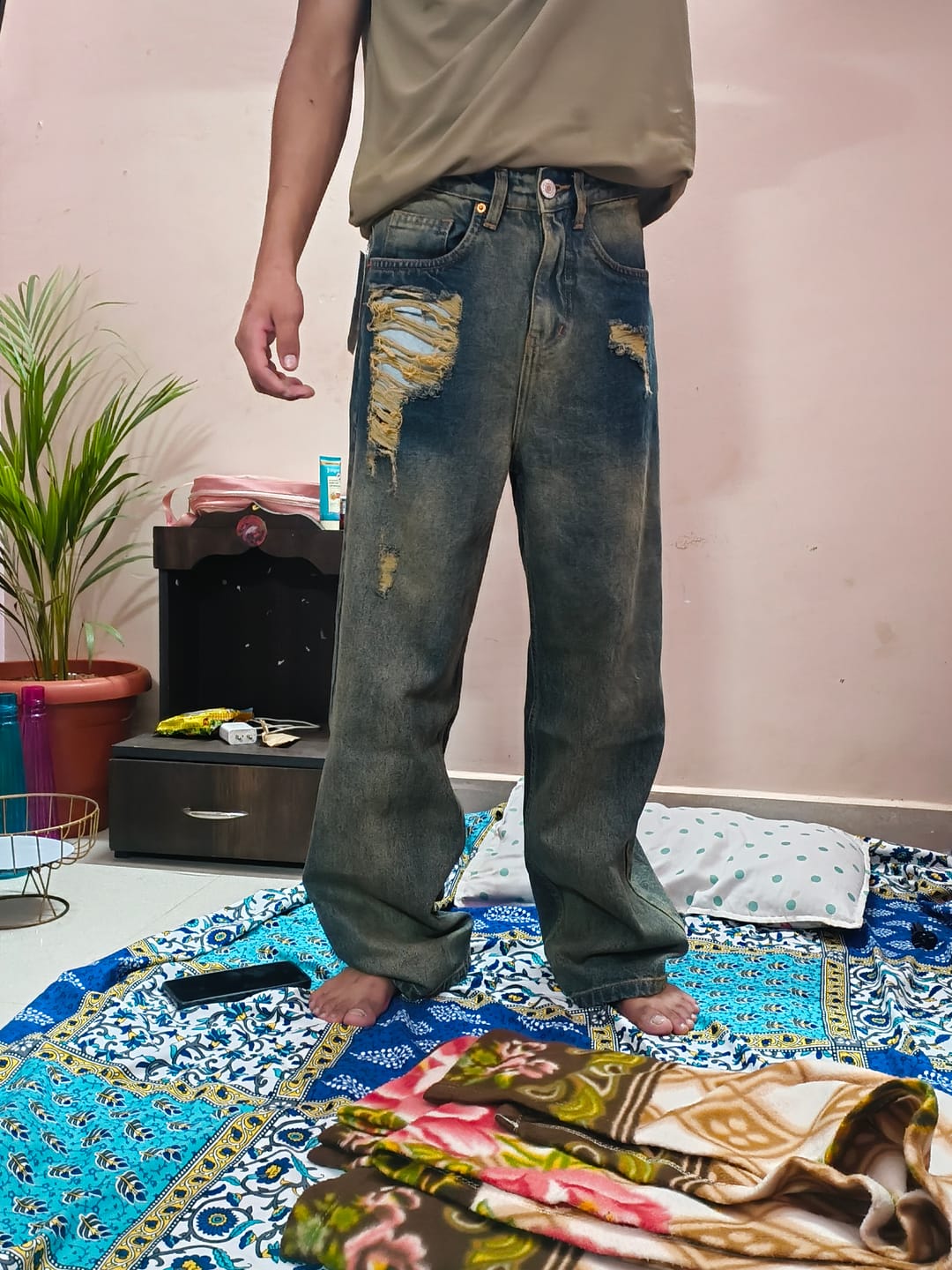 Customer photo review of Tinted Blue Distressed Baggy Fit Jeans