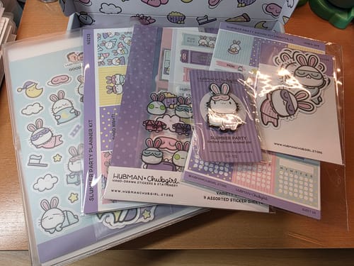 Customer's Ultimate Subscription box containing multiple colorful sticker sheets, die-cut stickers, and an enamel pin.