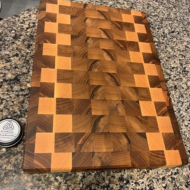 Customer photo review of Personalized Double-sided Walnut and Maple End Grain Cutting Board