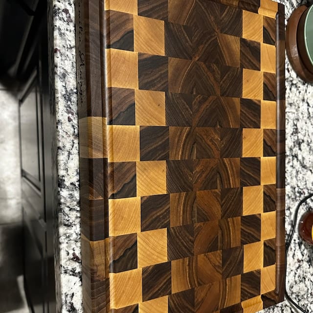 Customer photo review of Personalized Double-sided Walnut and Maple End Grain Cutting Board